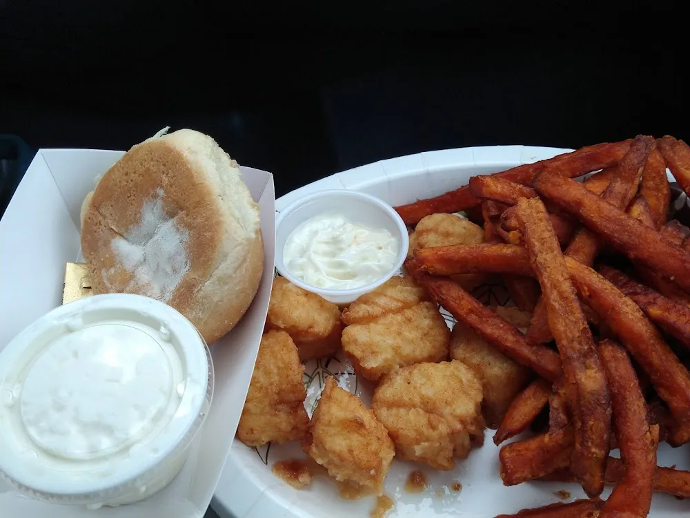 Scallop Sweet Potato Fries Coleslaw and Biscuit